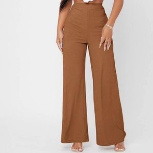 SHEIN PETITE Solid Rib-Knit Wide Leg Pants Brown Size 8/10